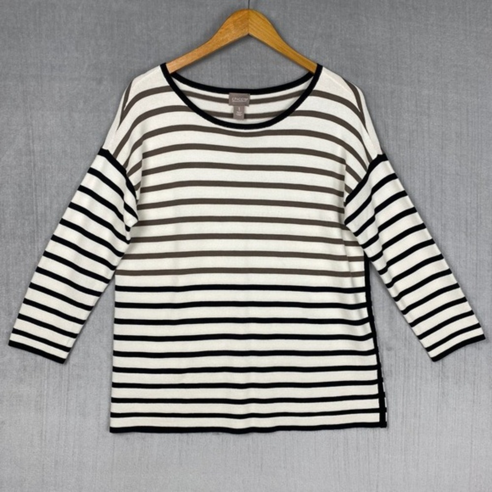 Chicos Sweater Womens 1/M Breton Stripe Long Sleeve Knit Pullover Preppy Coastal